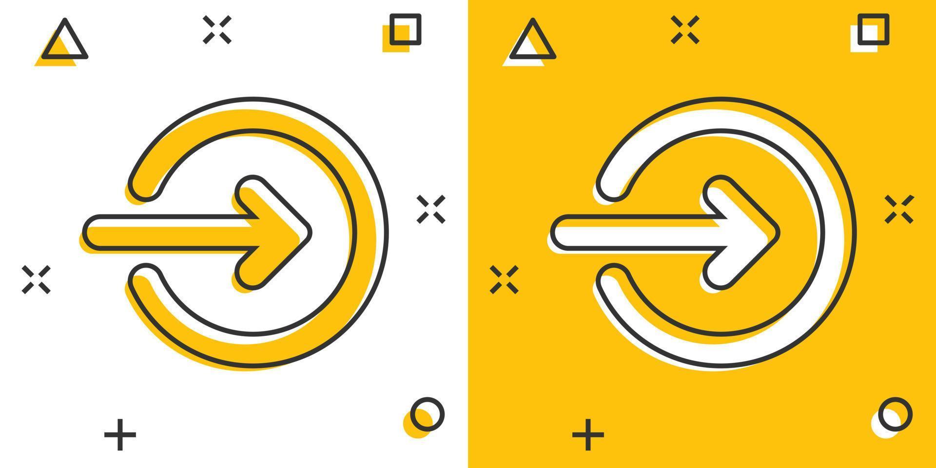 icono de inicio de sesión en estilo cómico. Ilustración de vector de dibujos animados de acceso de flecha sobre fondo blanco aislado. concepto de negocio de efecto de salpicadura de entrada de puerta.