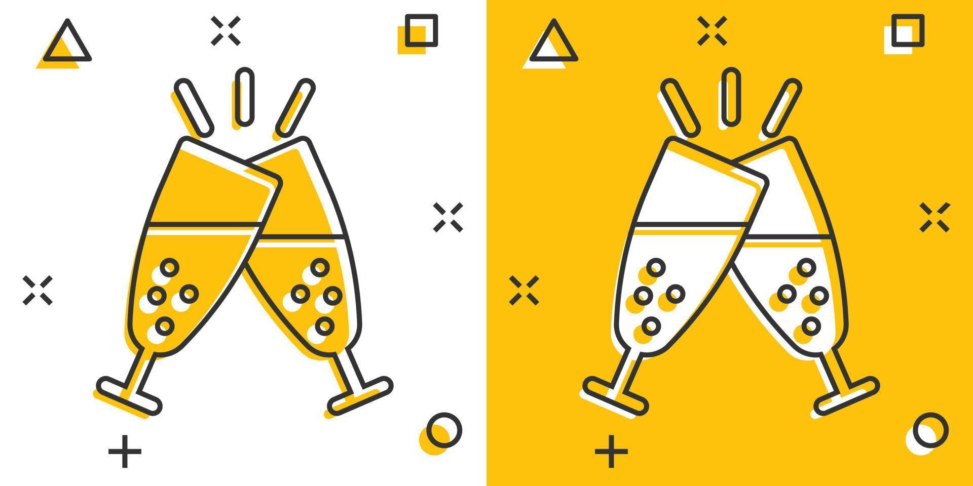 icono de copa de champán en estilo cómico. ilustración de dibujos animados de vector de bebida de alcohol sobre fondo blanco aislado. concepto de negocio de efecto de salpicadura de cóctel.