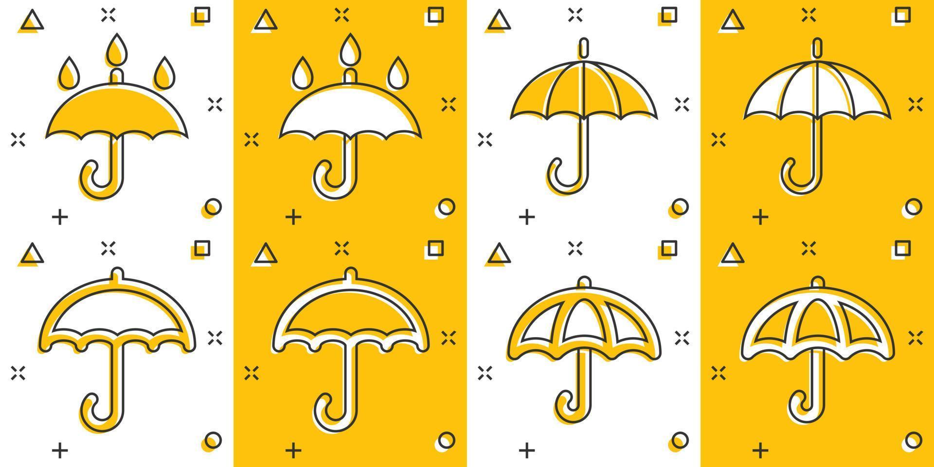 Umbrella icons set in comic style. Parasol cartoon vector illustration on white isolated background. Canopy collection splash effect business concept.