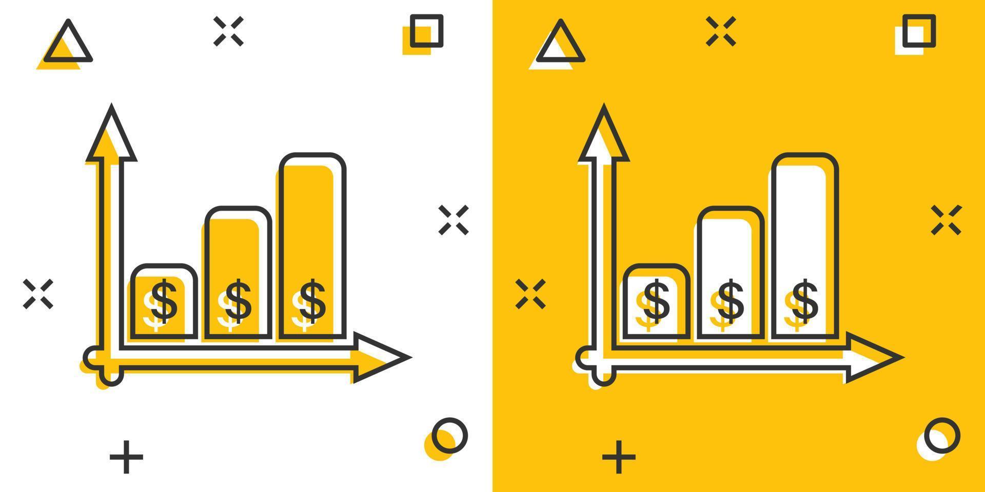 icono de crecimiento de dinero en estilo cómico. Ilustración de vector de dibujos animados de progreso de flecha sobre fondo blanco aislado. concepto de negocio de efecto de salpicadura de carrera.