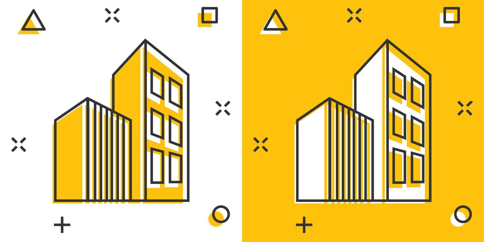 Building icon in comic style. Skyscraper cartoon vector illustration on white isolated background. Architecture splash effect business concept.