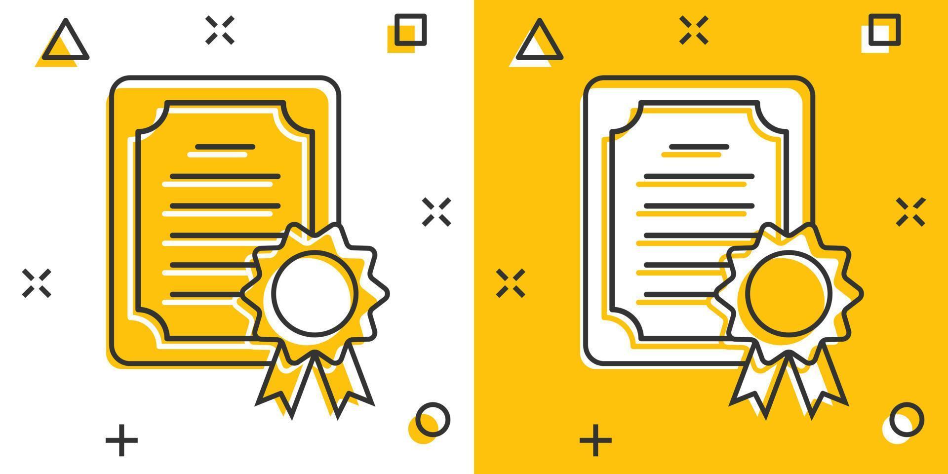 Certificate icon in comic style. License badge vector cartoon illustration on white isolated background. Winner medal splash effect business concept.