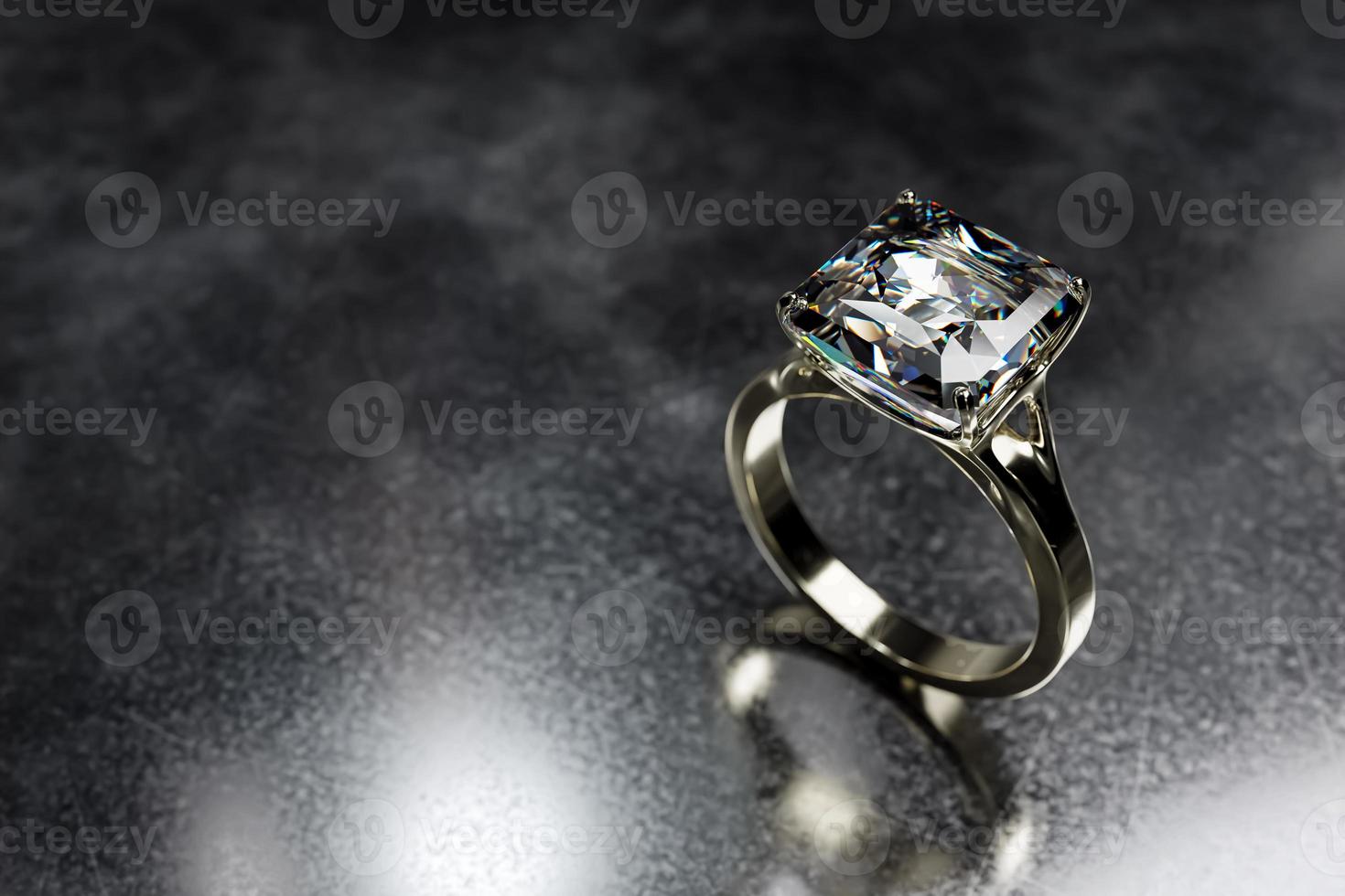 A square platinum and diamond ring is shown in 3d rendering on a black metallic backdrop. photo