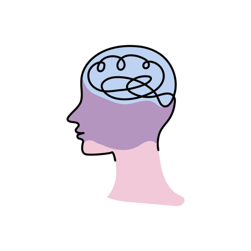 Illustration of head and brain hand drawn in continuous line style. vector