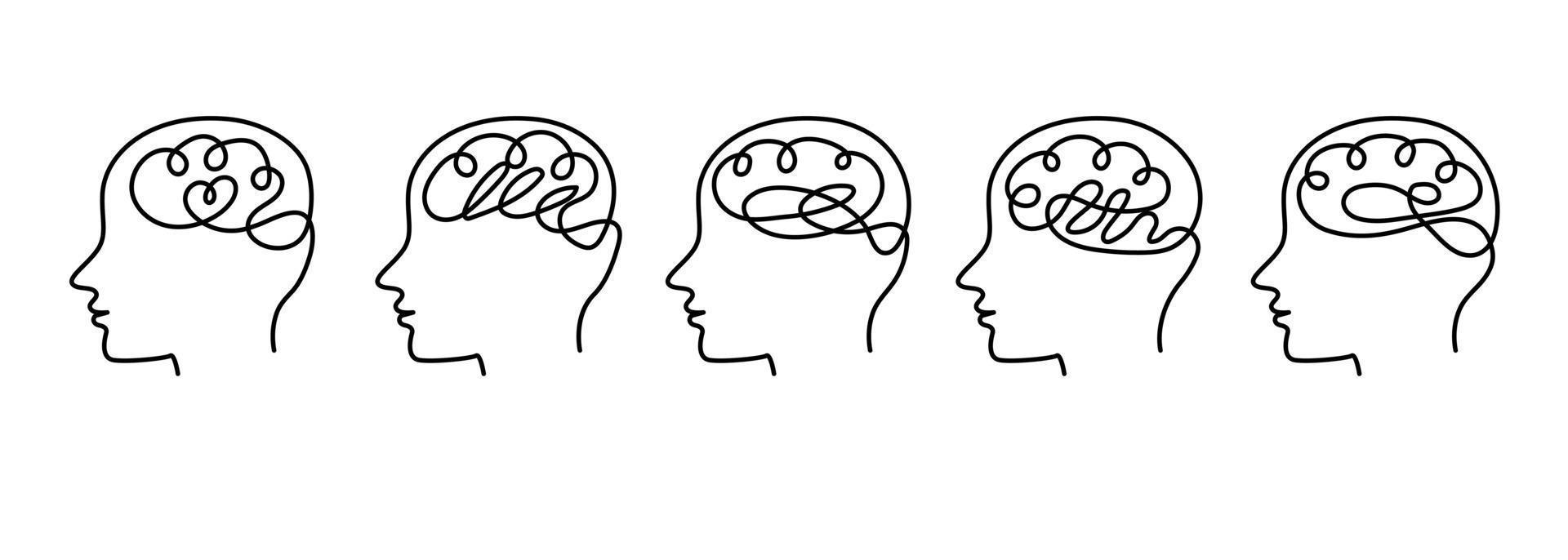 Illustration of head and brain hand drawn in continuous line style. vector