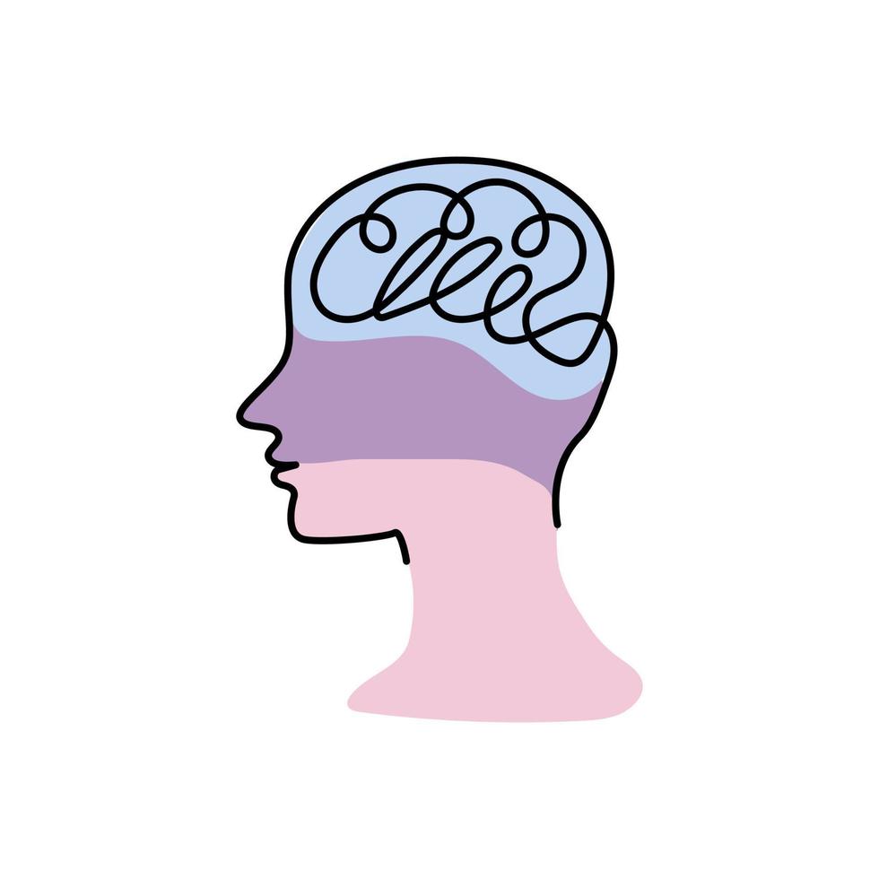 Illustration of head and brain hand drawn in continuous line style. vector