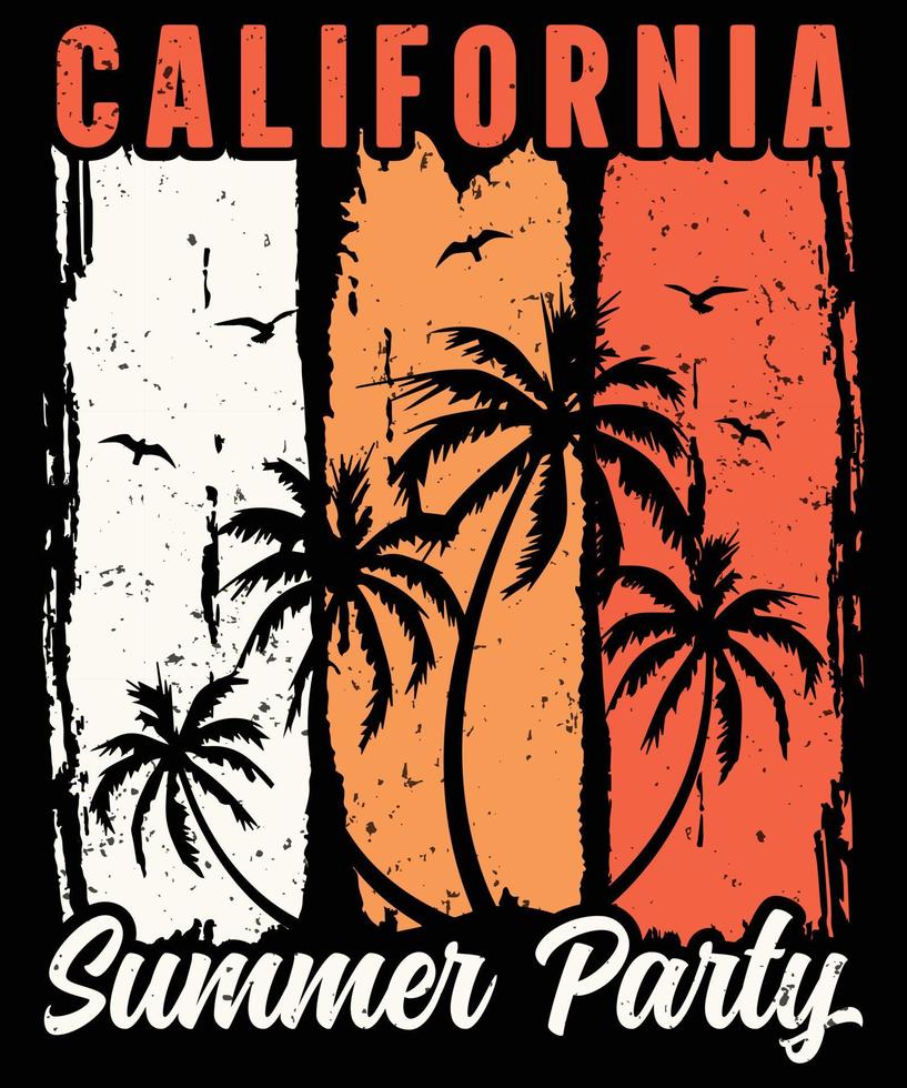 diseño de camiseta de fiesta de verano de california, camiseta de playa de verano de puesta de sol vintage retro, grunge, angustia, palma, afiche vector