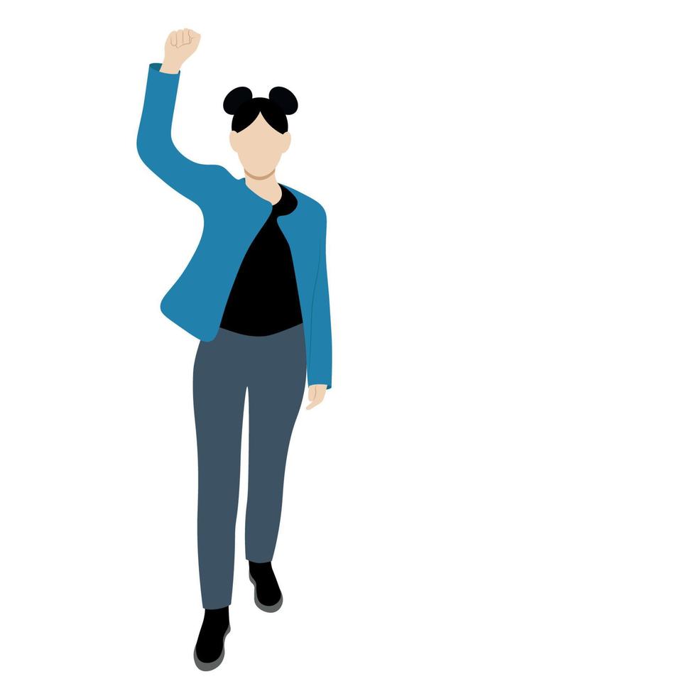 A girl in a jacket stands with her hand raised up, flat vector, isolate on white, protest, faceless illustration vector