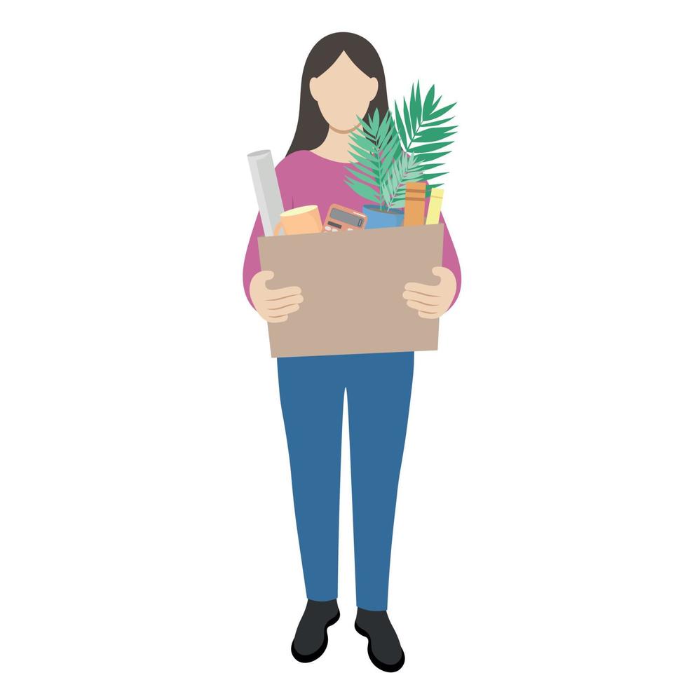 retrato de una niña en pleno crecimiento con una gran caja en las manos, una caja con pertenencias personales, vector plano, aislada en blanco, ilustración sin rostro, despido del trabajo, minimalismo