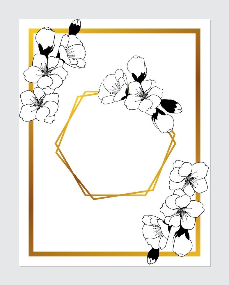 plantilla monocromática de tarjeta elegante de invitación de boda floral botánica vectorial. flor de cerezo y marco geométrico dorado. diseño romántico para tarjetas de felicitación, cosmética natural, productos para mujeres vector