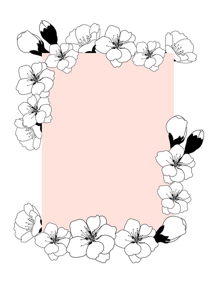 Greeting card design template with a cherry blossom branch. Vector illustration