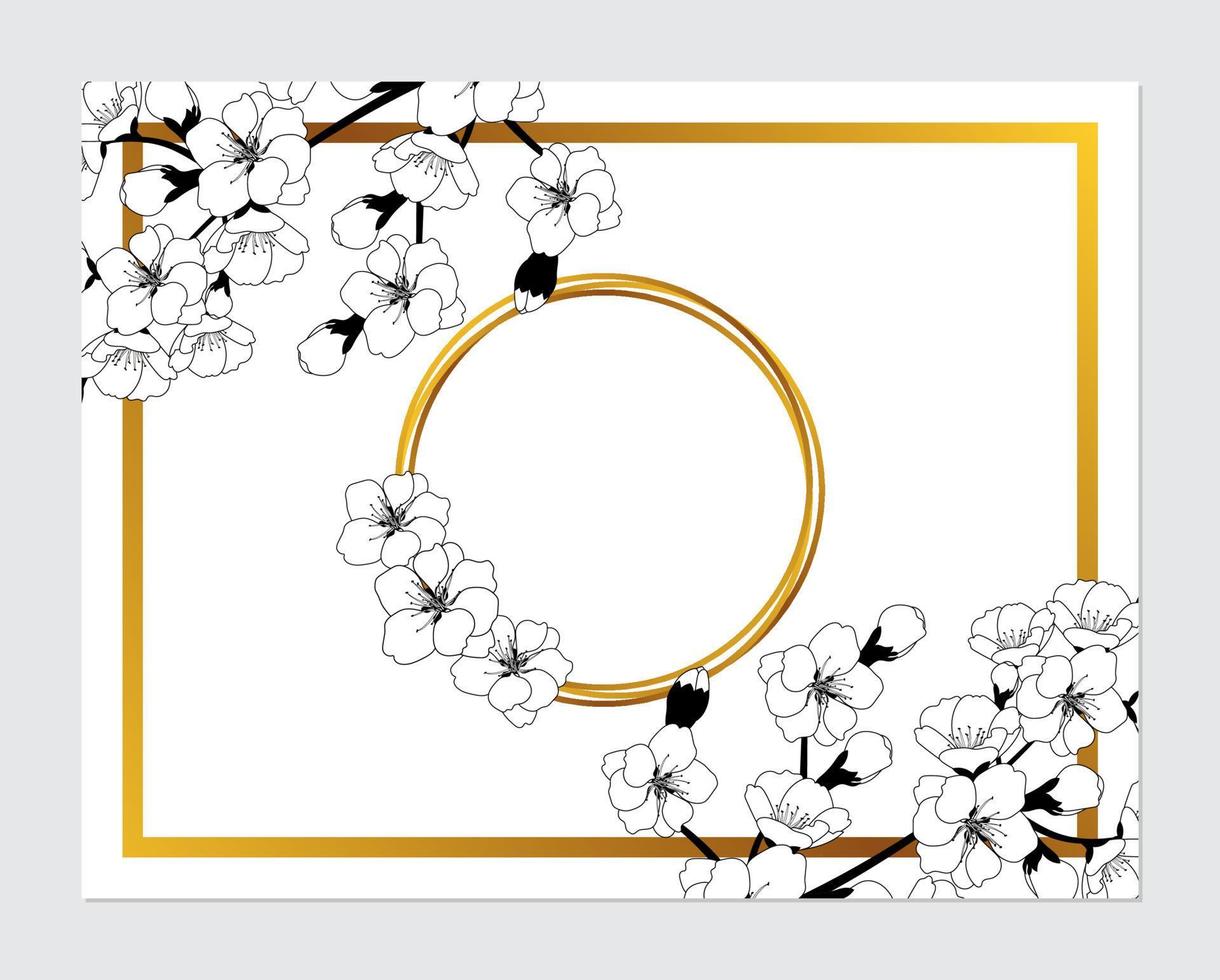 Vector botanical floral wedding invitation elegant card monochrome template. Cherry blossom and golden geometric frame. Romantic design for greeting card, natural cosmetics, women products