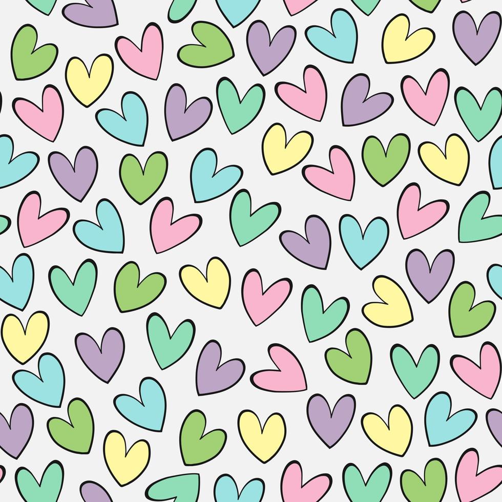Valentine's Day Candy Hearts Seamless Vector Pattern Tile. Pastel Rainbow Conversation Hearts Background. Repeating pattern Tile Swatch Included. Seamless pattern. Multicolored hearts. Bright pattern.