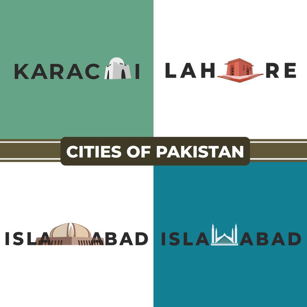 Cities of Pakistan set with famous Buildings like Fasial Mosque, Pakistan monument vector