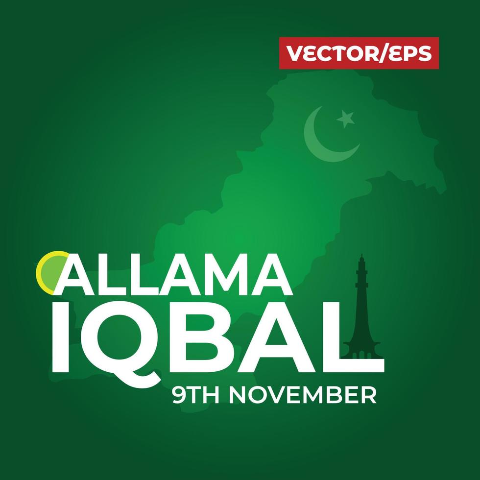 feliz día de iqbal, 9 de noviembre. diseño de logotipo allama muhammad iqbal en tipografía inglesa con mapa de pakistán vector