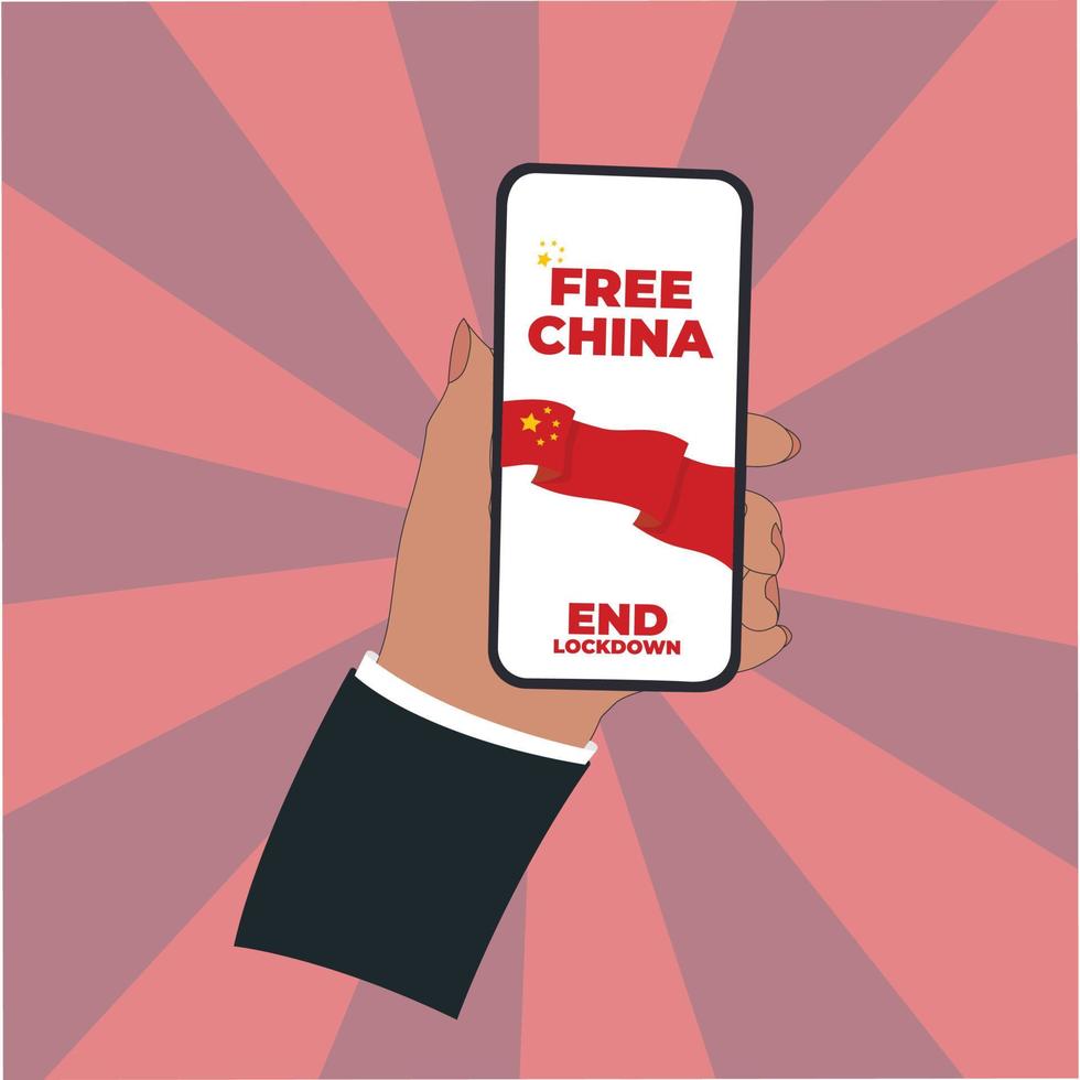 Hand drawn flat china protests against lockdown holding mobile illustration banner, social media post vector