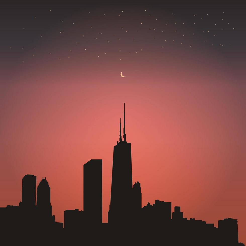 ilustración de silueta del paisaje de la ciudad, edificios e ilustración de vector de luna llena