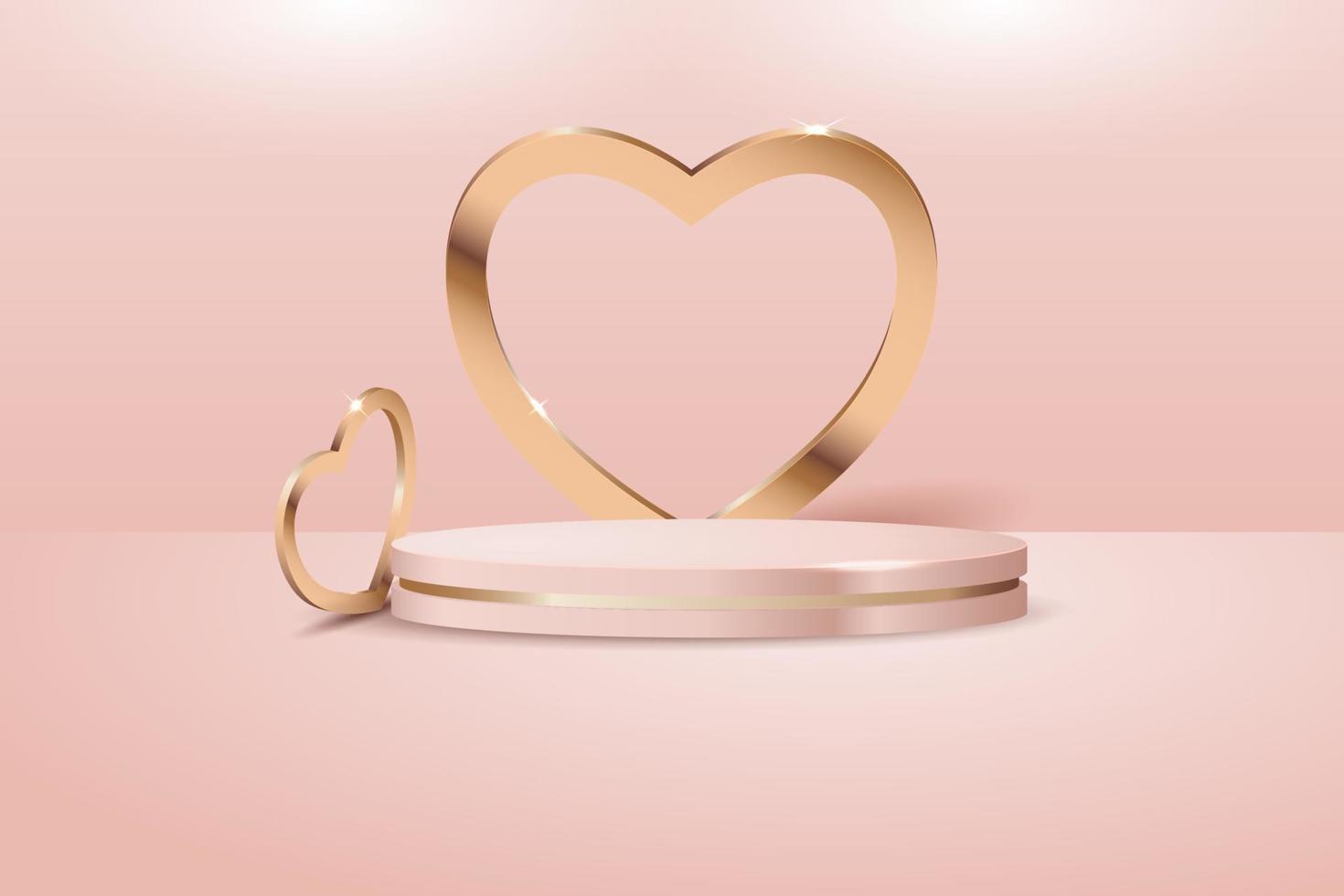 escenario dorado de podio pastel rosa dorado de lujo 3d realista sobre fondo rosa con elemento de corazón dorado 3d. vector