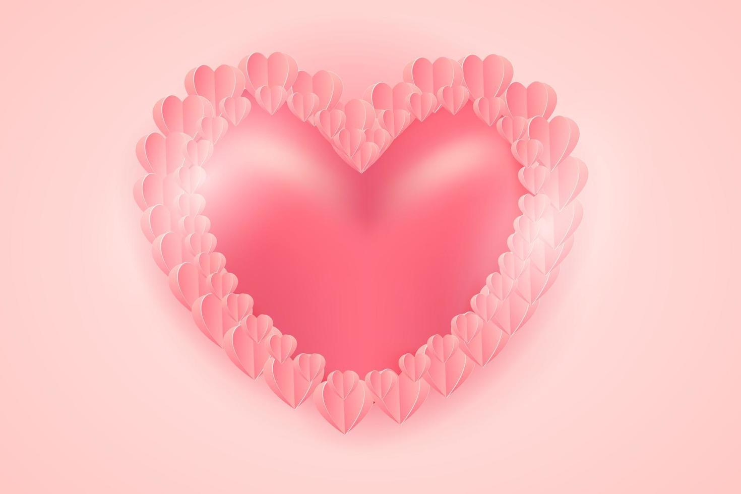 corazón realista con fondo rosa de marco de corazones cortados en papel. vector