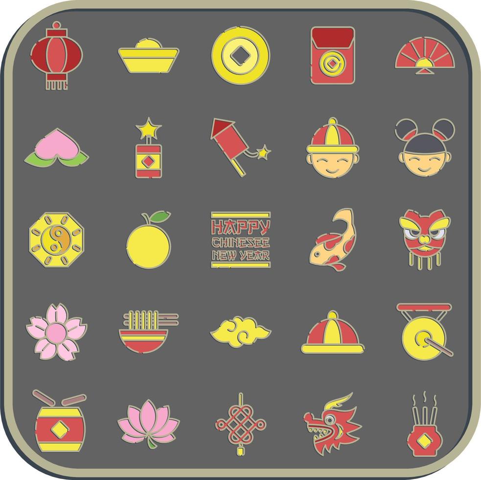 conjunto de iconos de elementos de celebración del año nuevo chino. iconos en estilo en relieve. bueno para impresiones, carteles, logotipos, decoración de fiestas, tarjetas de felicitación, etc. vector