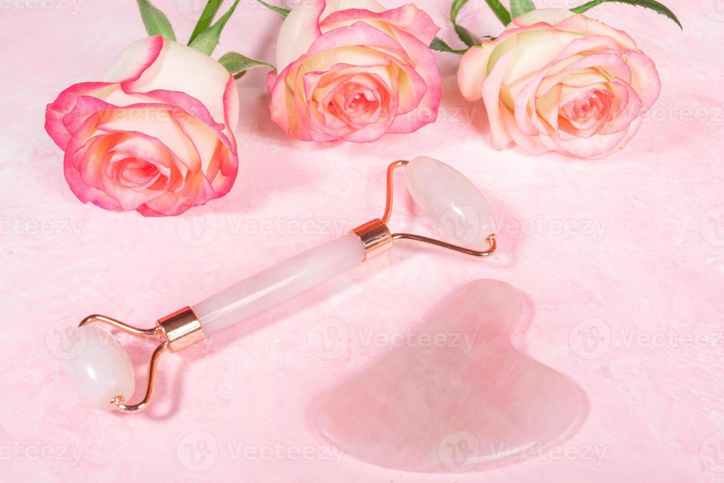 Pink quartz stone Guasha scraper and roller massager for face and roses on pink. Close up. photo