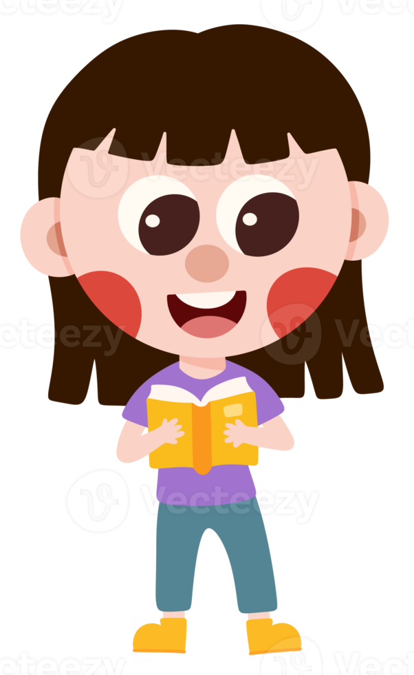 Little girl reading a book holding open character cartoon png