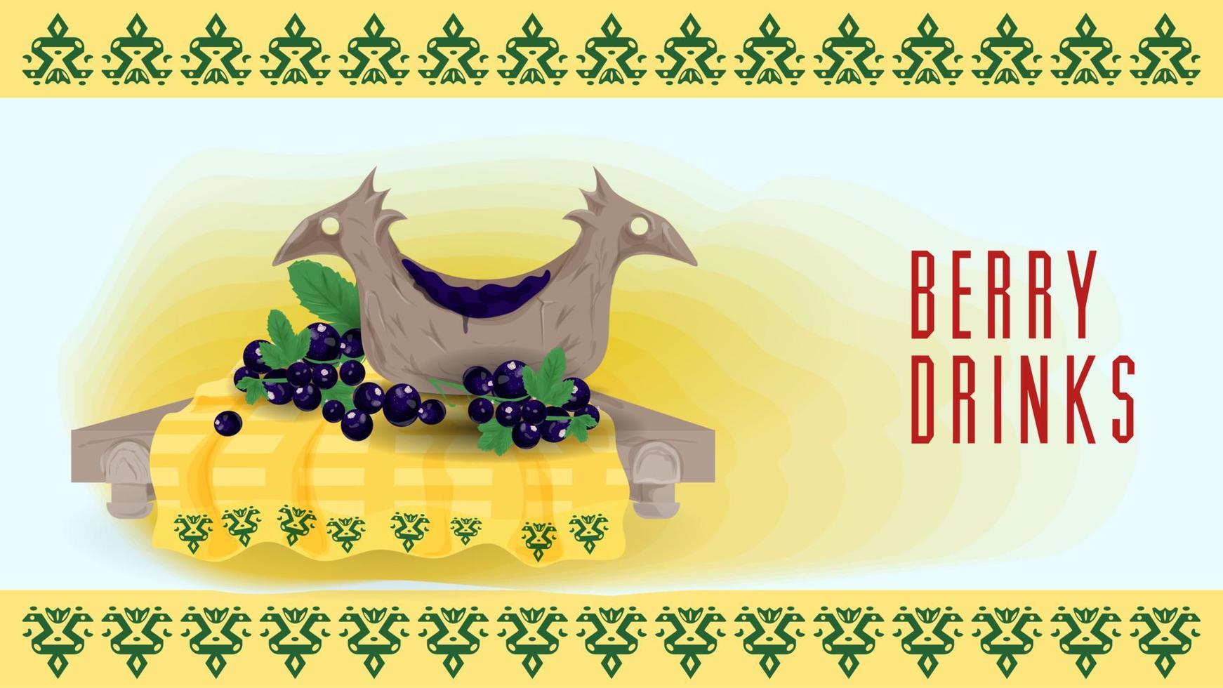 Wooden ladle in the form of a bird with juice from black currant berries vector flat illustration
