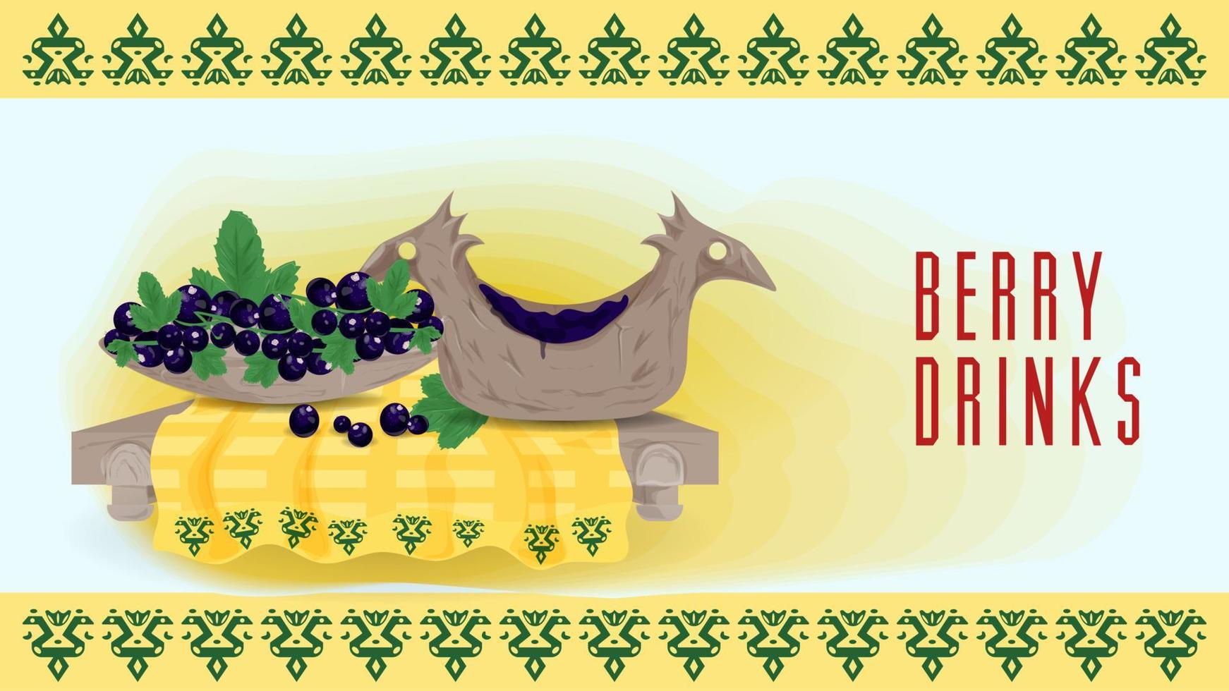 Wooden ladle in the form of a bird with juice and a wooden cup with black currant berries vector flat illustration