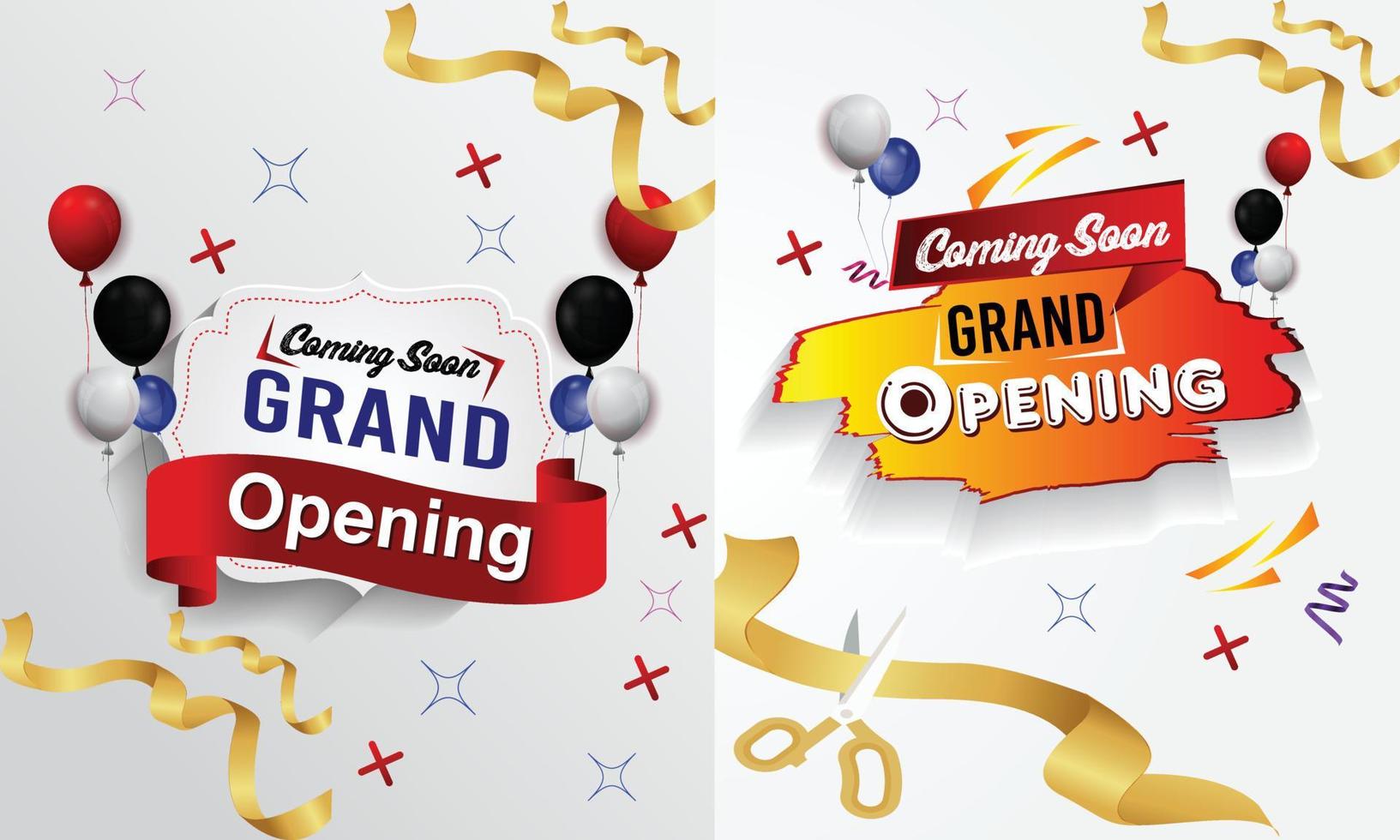 Grand Opening Cut ribbon background Banner Design Illustrations Shape, Business Promotion Ad Poster, Ceremony party event invitation, Coming soon Poster, red ribbon with balloon and colorful confetti. vector