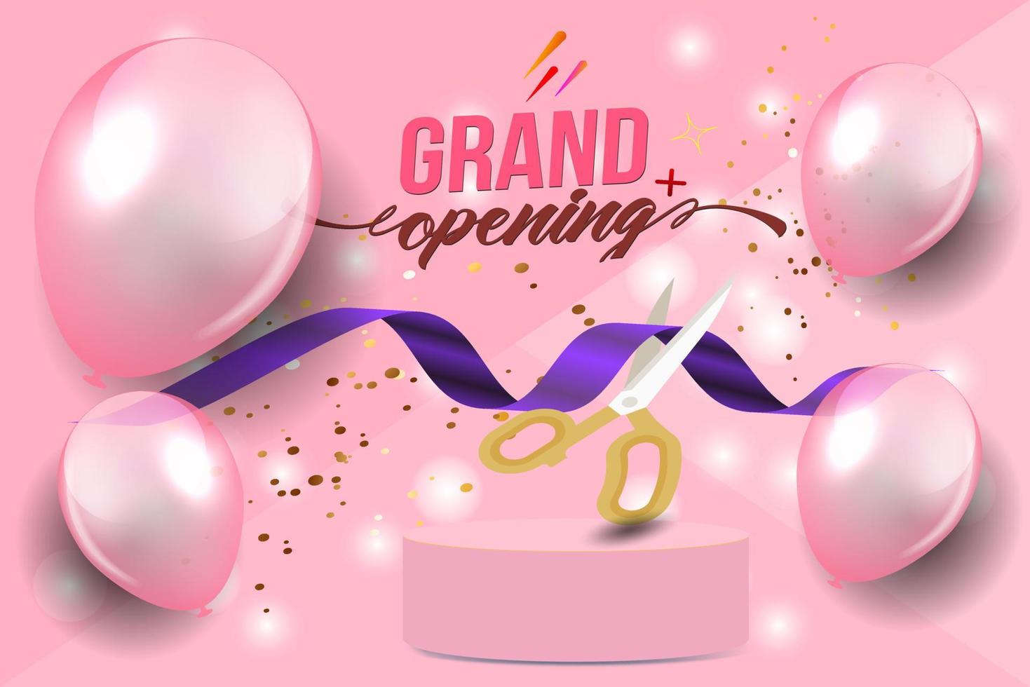 Grand Opening Cut ribbon background Banner Design Illustrations Shape, Business Promotion Ad Poster, Ceremony party event invitation, Coming soon Poster, red ribbon with balloon and colorful confetti. vector