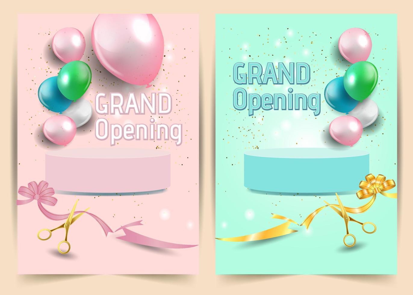 Grand Opening Cut ribbon background Banner Design Illustrations Shape, Business Promotion Ad Poster, Ceremony party event invitation, Coming soon Poster, red ribbon with balloon and colorful confetti. vector