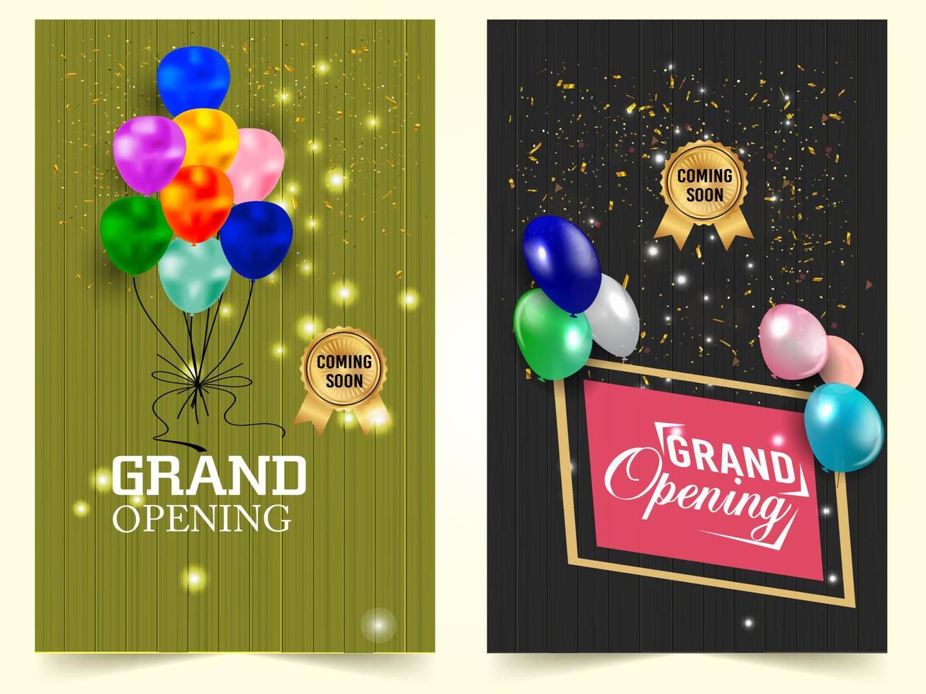 Grand Opening Cut ribbon background Banner Design Illustrations Shape, Business Promotion Ad Poster, Ceremony party event invitation, Coming soon Poster, red ribbon with balloon and colorful confetti. vector