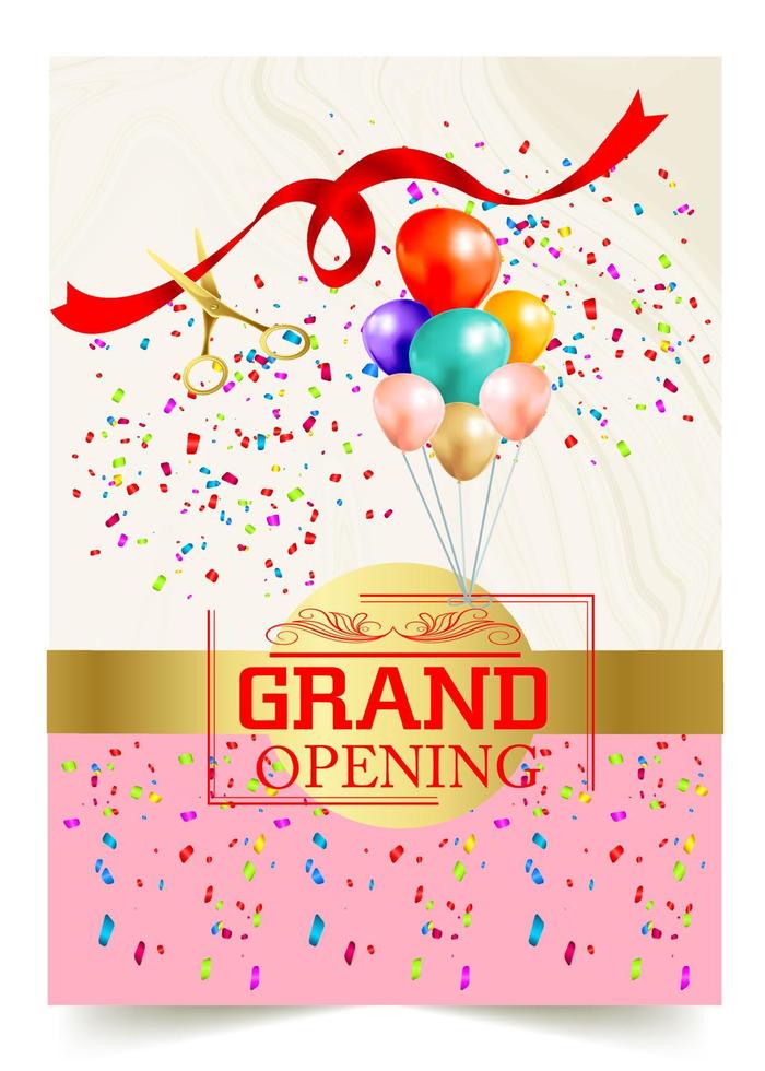 Grand Opening Cut ribbon background Banner Design Illustrations Shape, Business Promotion Ad Poster, Ceremony party event invitation, Coming soon Poster, red ribbon with balloon and colorful confetti. vector