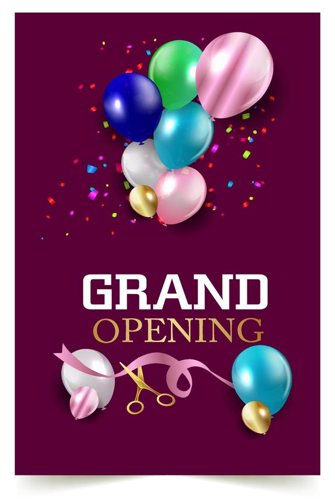 Grand Opening Cut ribbon background Banner Design Illustrations Shape, Business Promotion Ad Poster, Ceremony party event invitation, Coming soon Poster, red ribbon with balloon and colorful confetti. vector