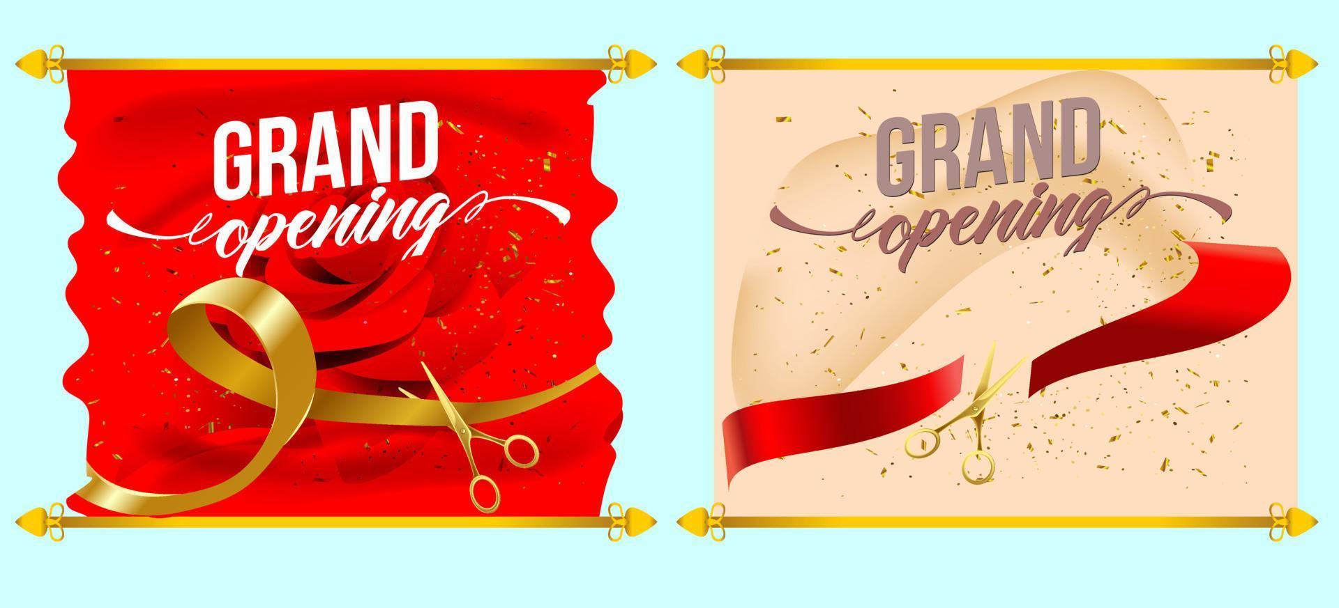 Grand Opening Cut ribbon background Banner Design Illustrations Shape, Business Promotion Ad Poster, Ceremony party event invitation, Coming soon Poster, red ribbon with balloon and colorful confetti. vector