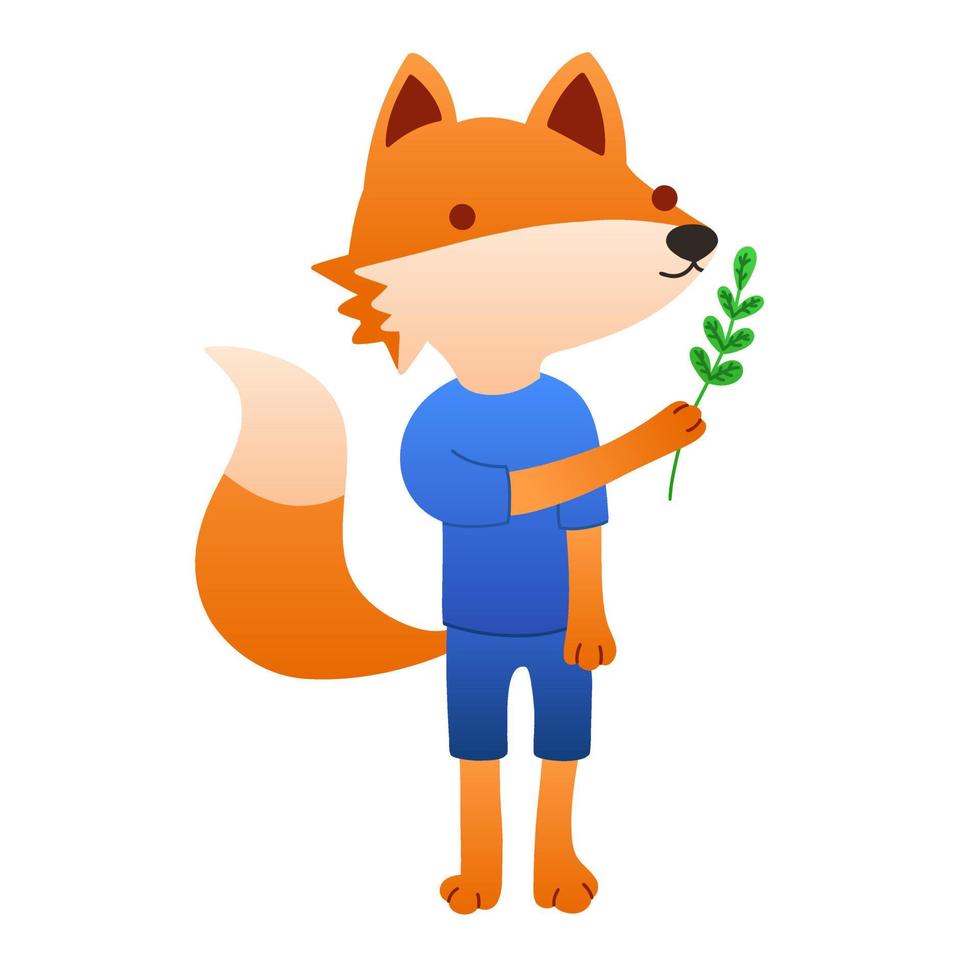 Cute cartoon fox in clothes. Eco mascot. Nature conservation. Fox with greenery plant. Vector illustration in cartoon style isolated on white background