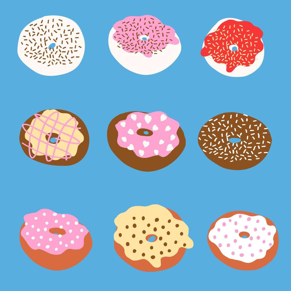 Donuts set in cartoon style. Vector illustration isolated on blue background.