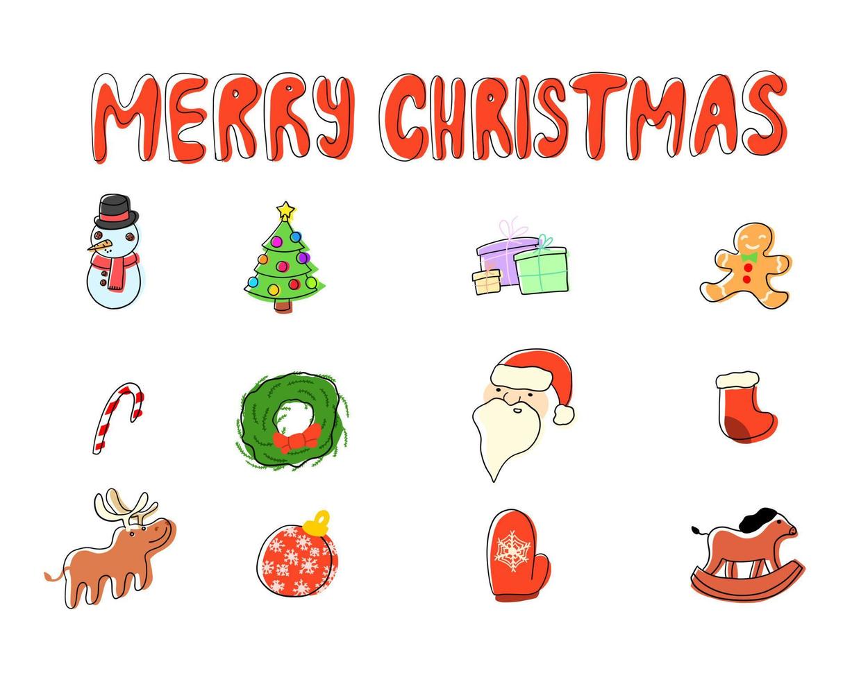 Merry Christmas Set. Vector elements in cartoon flat style isolated on white background.