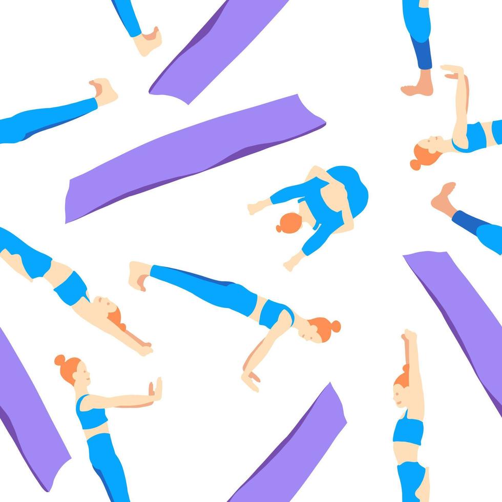 Yoga poses with mat seamless pattern wallpaper. Ginger European female woman girl. Vector illustration in cartoon flat style isolated on white background.