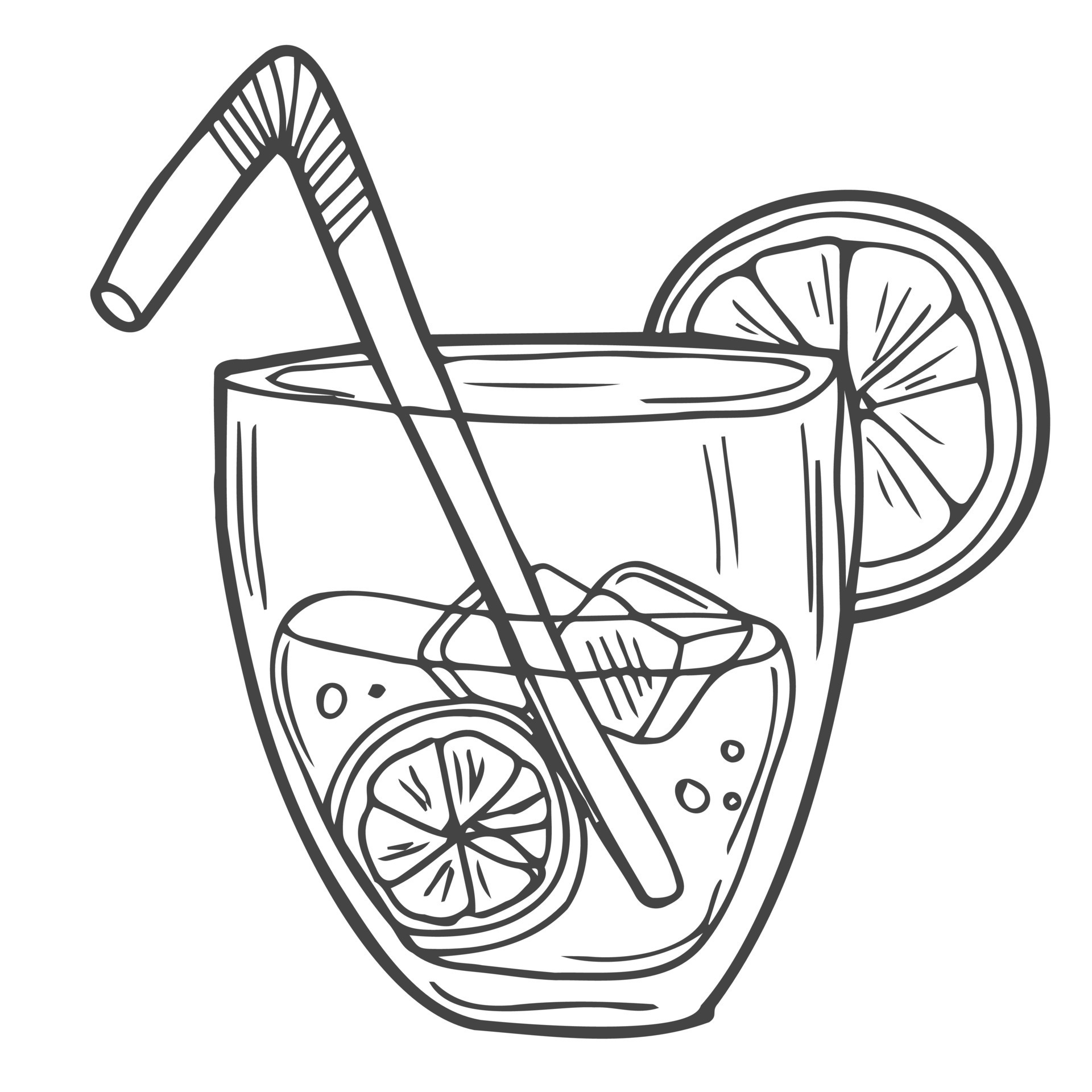 Vector Sketch Illustration Glass of Lemonade with Lemon Slice, Ice