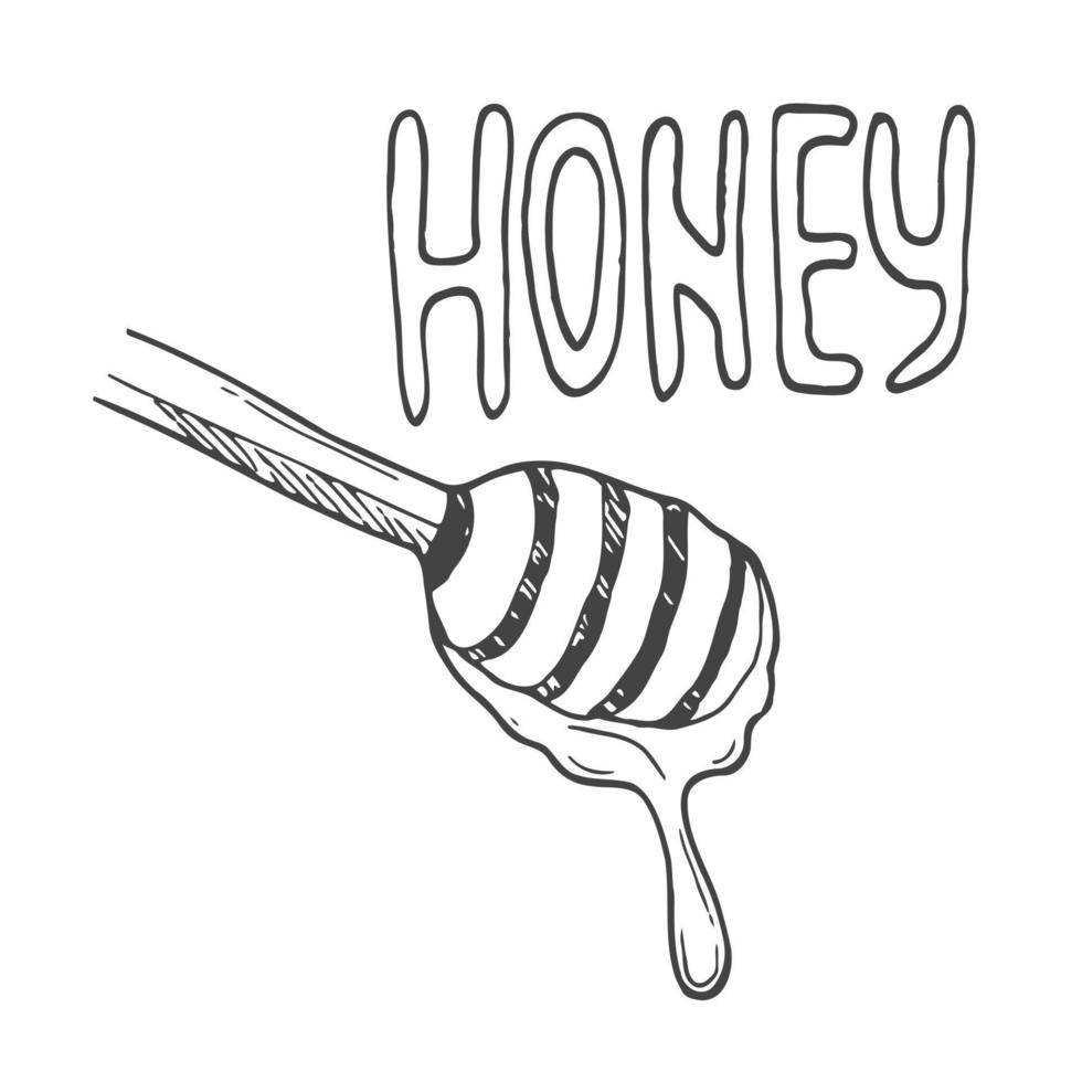 Honey lettering surrounded by bees and doodle flowers. Vector stylized background on a white background, honey logo.
