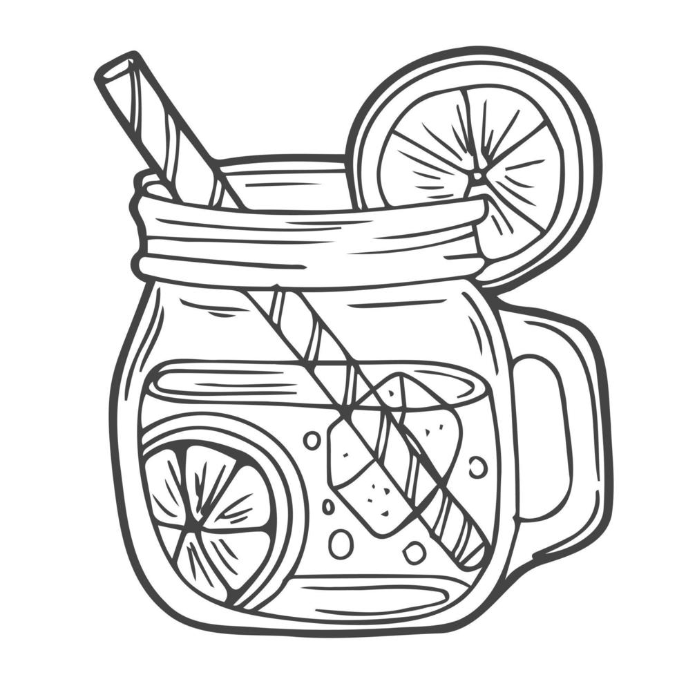 limonada en taza de tarro de albañil con pajita y rodaja de limón. refrescante bebida de verano ilustración de imágenes prediseñadas vectoriales, dibujo estilo garabato. vector