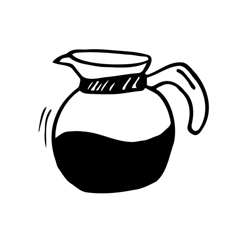 Glass teapot with coffee. Vector Black outline image isolated on a white background. Doodle style.