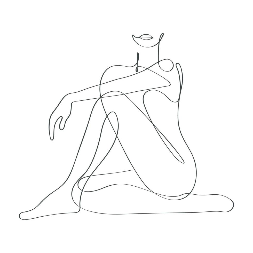 Hand drawn female sitting pose fashion gird one line art drawingHand drawn female sitting pose fashion girl one line art drawing vector