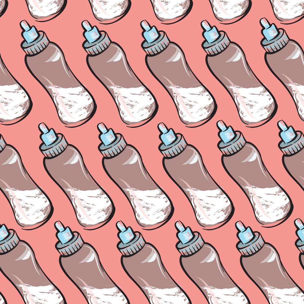 Baby feeding bottle with milk seamless pattern. Baby care drawn background vector