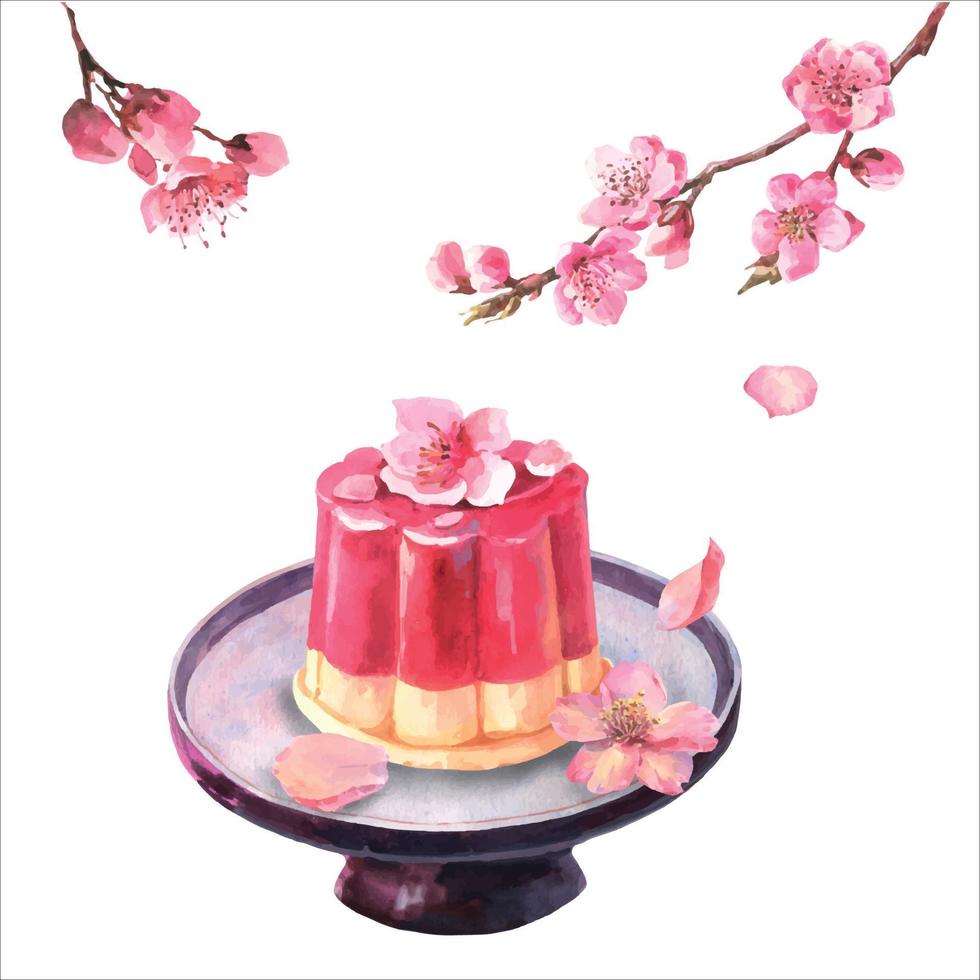 Watercolor japanese confectionery, composition edible flower Sakura in jelly on ceramic plate and with sakura branch, wagashi isolate on white background. vector