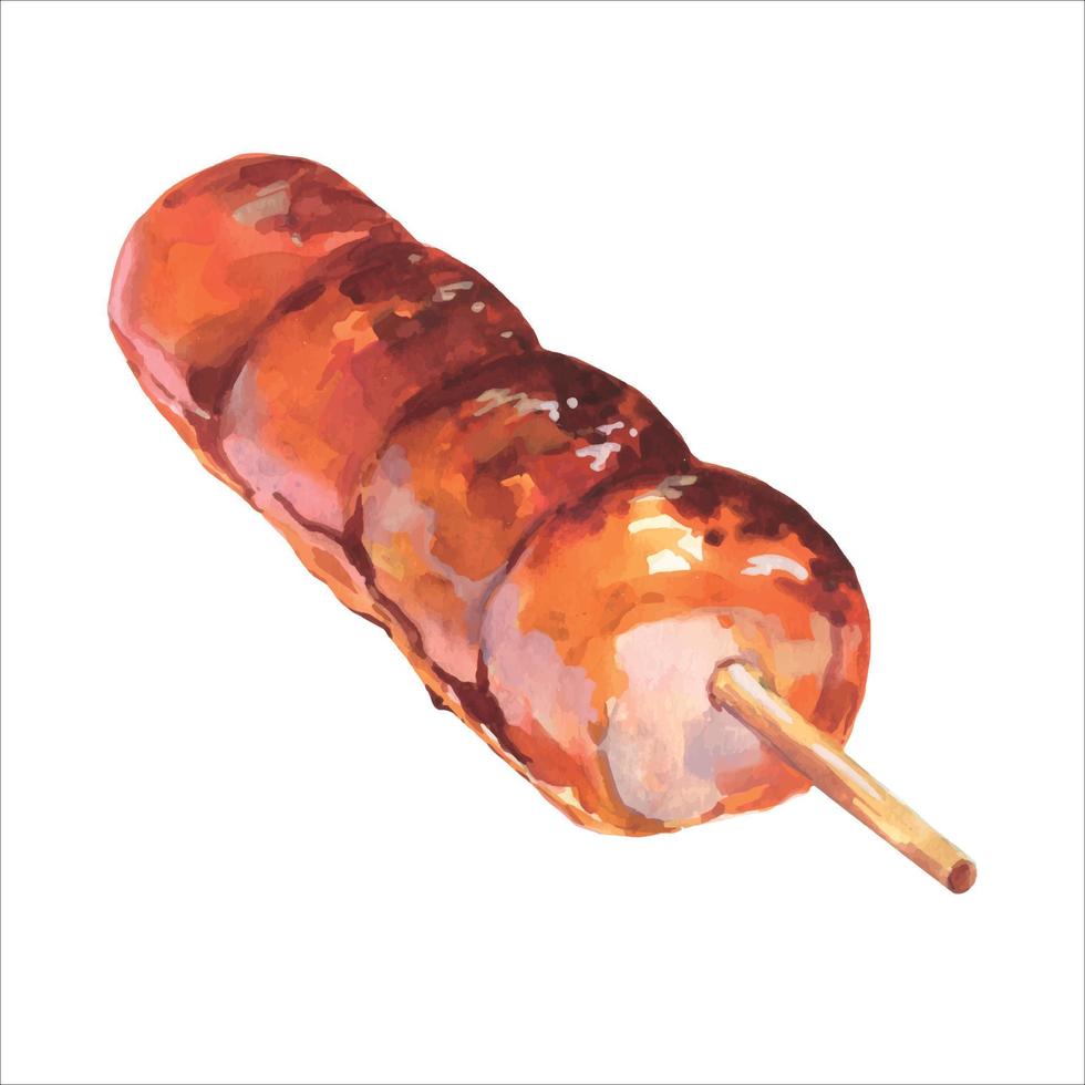 conjunto de famosos bocadillos tradicionales japoneses mitarashi dango pintados con estilo acuarela en fondo blanco. vector