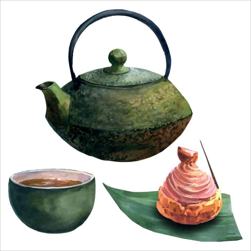 juego de té asiático acuarela con tetera verde dack, taza de té y cupcakes japoneses con cereza, aislado de chocolate dulce sobre fondo blanco. vector