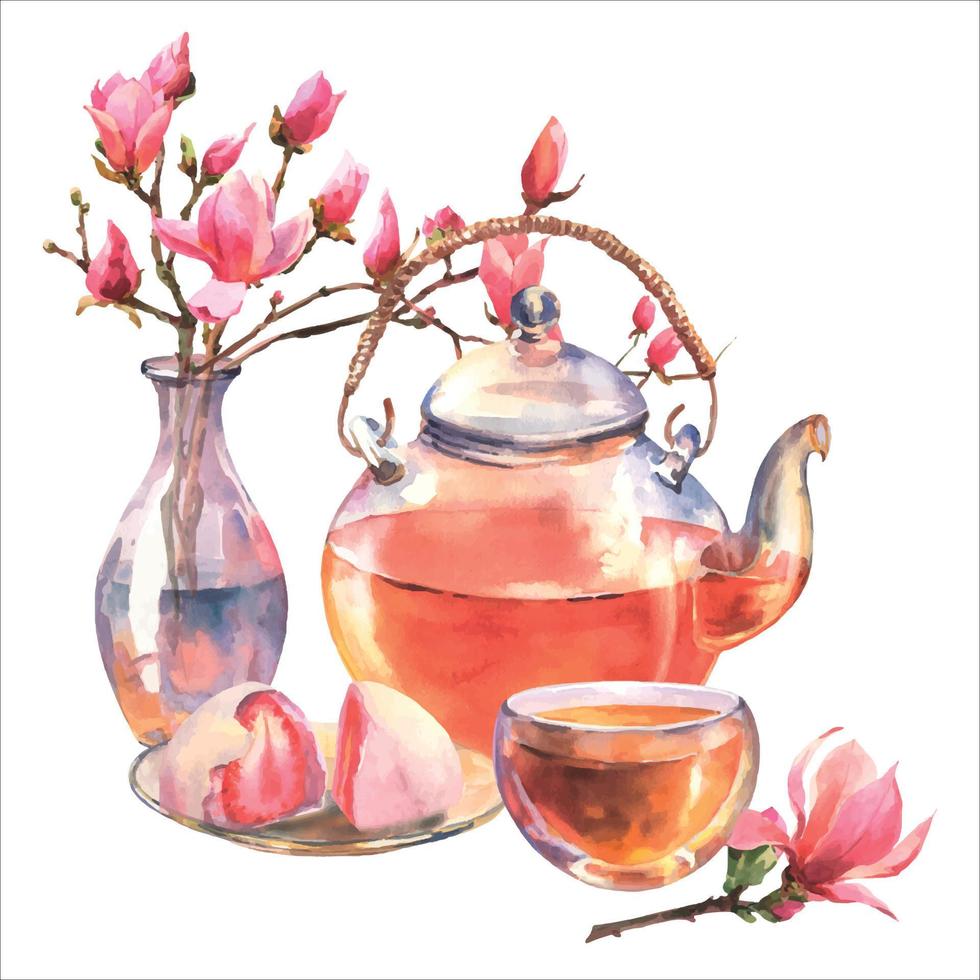 composición de té asiático acuarela con tetera transporante, taza de té, daifuku de japón y rama de magnolia en jarrón transporante aislado sobre fondo blanco. diseño de menú de comida. vector