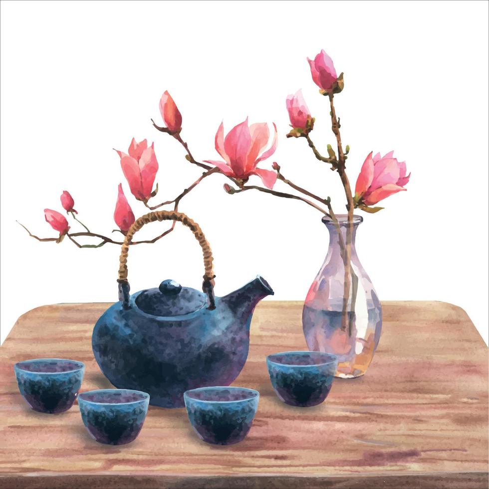 Watercolor illustration of japan tea ceremony, composition of dark blue ceramic teapot, bowls of tea, transparent vase with blossoming magnolia sprig on wooden table, isolated on white background. vector